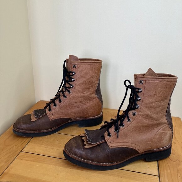 Brahma Leather Lace-Up Boots Roper Western Kiltie Fringe Two-Tone Brown - Picture 1 of 7